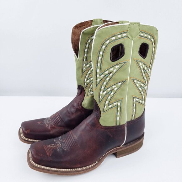 Nocona Men Sz 10D Two Tone Saddle Stitch Western Boots Broad Square Toe Leather - Picture 1 of 13